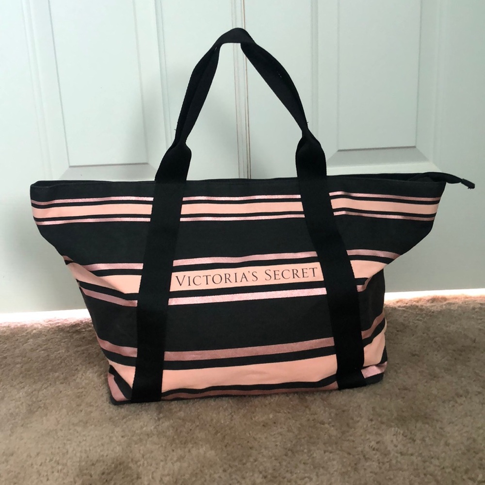 Black & Pink Striped Victoria’s Secret Zipper Tote
